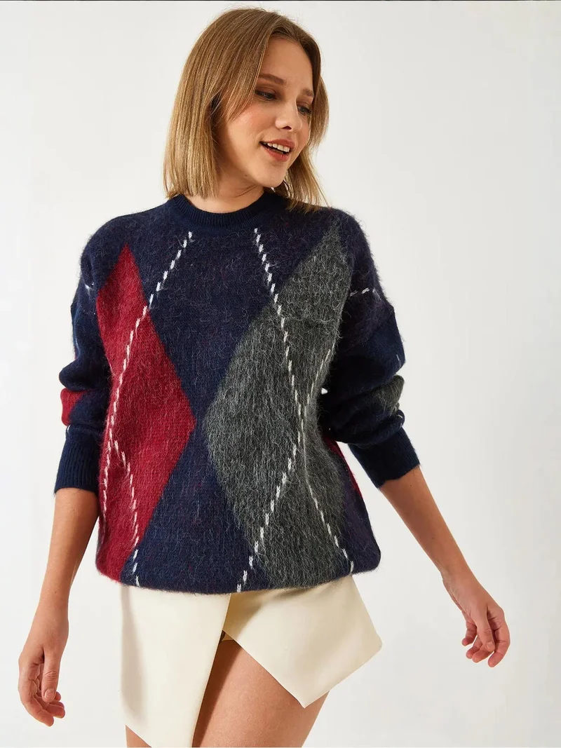 Bianco Lucci Midnight Blue LUCCI Oversized Diamond Printed Sweater for Women | Best Price UAE