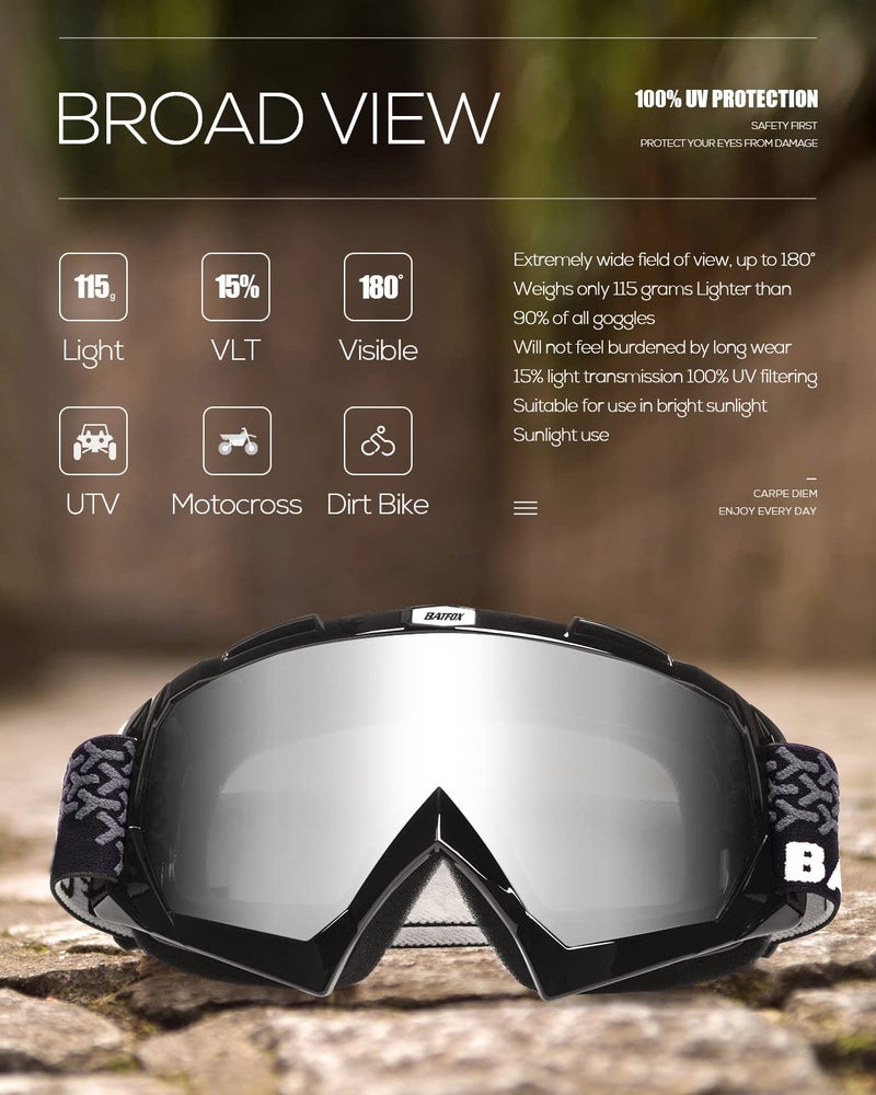 BATFOX Dirt Bike ATV Goggles Motorcycle Gear Riding Motocross Dirtbike 4-Wheeler MX DH Accessories Goggles Glasses for Men Women Youth UV400 Protection Dust-proof Anti-Slip Strap - Image 5