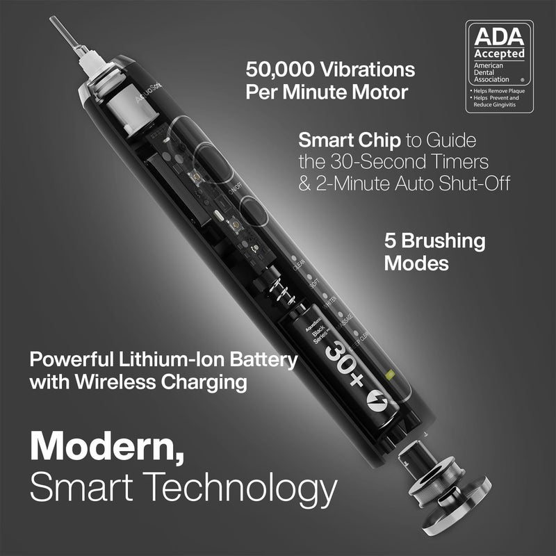 Aquasonic Black Series PRO UV â€“ Ultra-Whitening Electric Toothbrush â€“ 5 Modes & Smart Timers â€“ UV Sanitizing Base, Premium Travel Case & 6 Proflex Brush Heads â€“ ADA Accepted - Image 2
