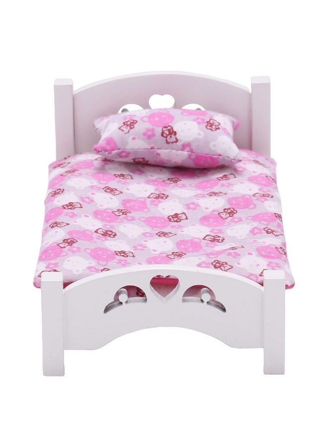 Inusitus Dollhouse Furniture Mini Kid’S Bed Set Realistic Bedroom Accessories For 6 Inch Dolls Decorative Bedspread & Pillow White Wooden Frame 1/12 Scale (Pink Bedding) - Image 1