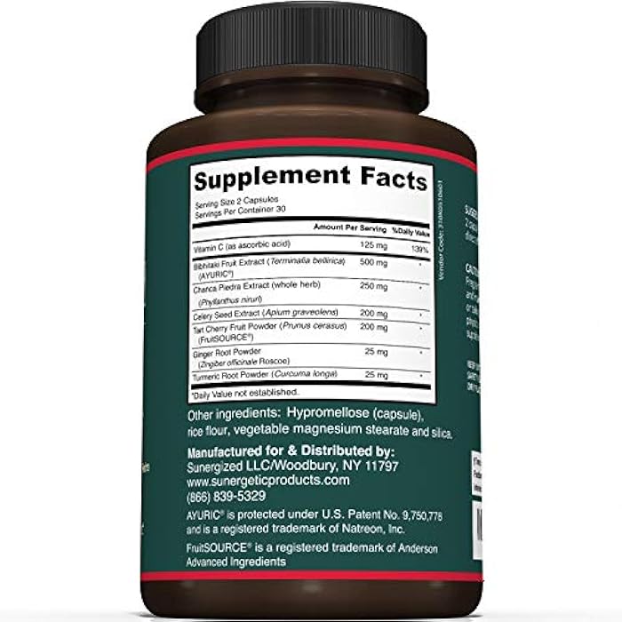 Sunergetic Premium Uric Acid Support Supplement – Uric Acid Cleanse & Kidney Support – Includes Tart Cherry, Chanca Piedra, Celery Extract & Turmeric - 60 Capsules - Image 2