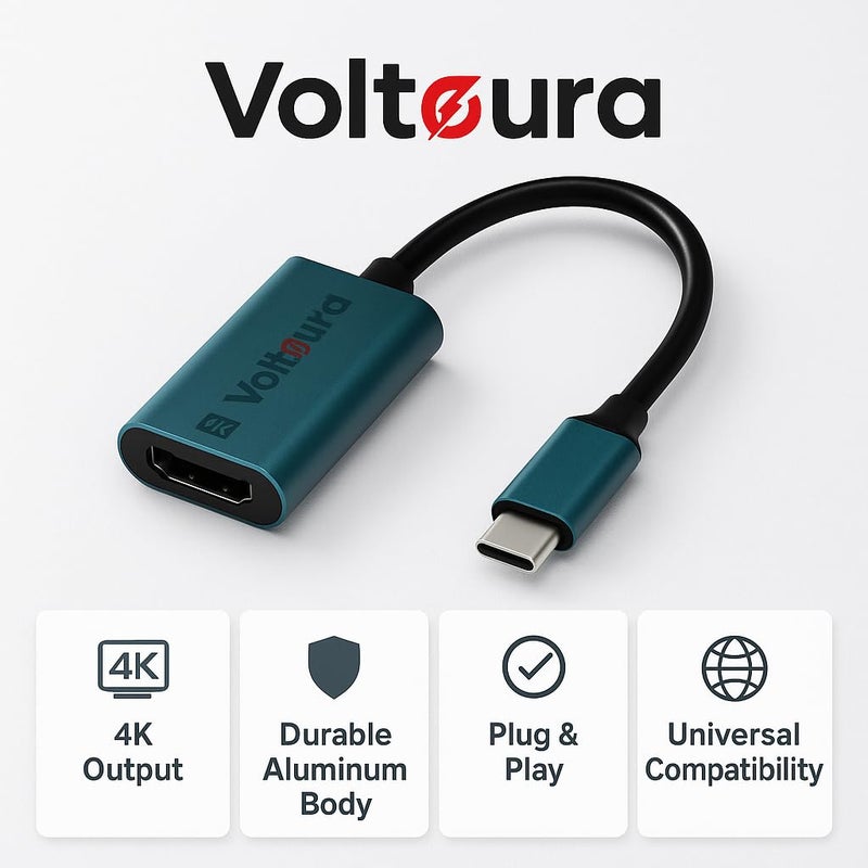 VOLTAURA 4K Ultra USB-C to HDMI Adapter - High-Speed 4K Resolution, Plug & Play, Compatible with USB-C Laptops, Tablets, Smartphones to HDMI Displays, TVs, Monitors, Projectors, & More (Blue) - Image 2