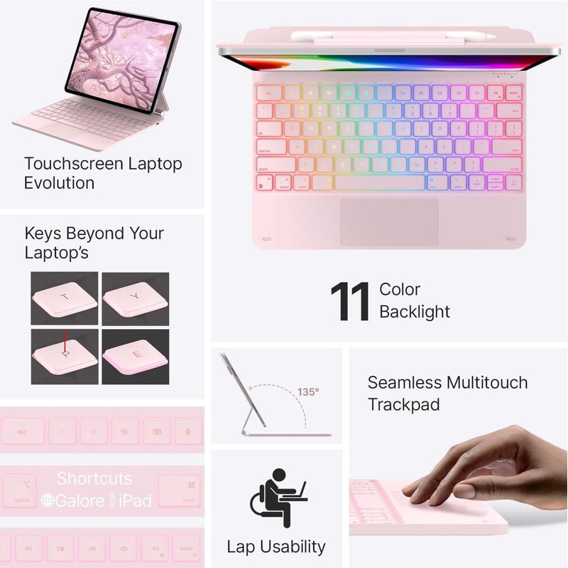 typecase تايبكيس إيدج لـ iPad Air 13 (M4/M3/M2, 2026/2025/2024) و Pro 12.9 (الجيل السادس/الخامس/الرابع/الثالث) مع إضاءة خلفية بـ 11 لون، لوحة تتبع دقيقة، لوحة مفاتيح عائمة سحرية (غير متوافقة مع Pro 13 (M5/M4) - Pink'26 - Image 2