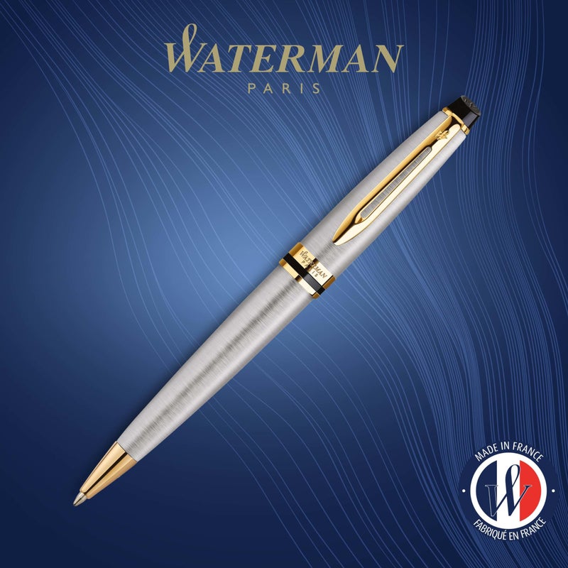 Waterman قلم حبر جاف ووتيرمان إكسبيرت، مصنوع من الفولاذ المقاوم للصدأ مع تزيين من الذهب عيار 23 قيراط، نقطة متوسطة مع خرطوشة حبر زرقاء، علبة هدية - Image 2