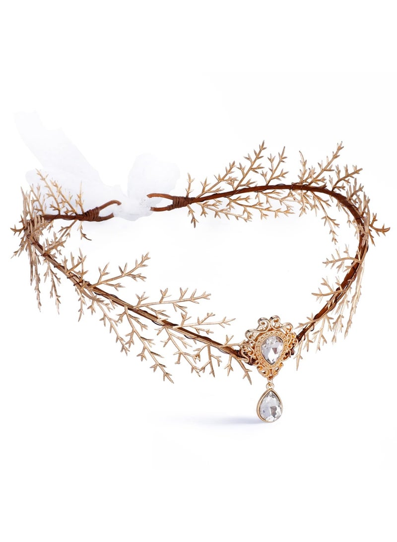 SYOSI Gold Elf Flower Crown - Handmade Fairy Floral Headband Woodland Elven Headpiece with Rhinestone Accessory for Women Girls Wedding Cosplay Prom Photoshoot - Image 1