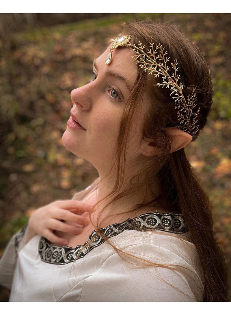 SYOSI Gold Elf Flower Crown - Handmade Fairy Floral Headband Woodland Elven Headpiece with Rhinestone Accessory for Women Girls Wedding Cosplay Prom Photoshoot - Image 3