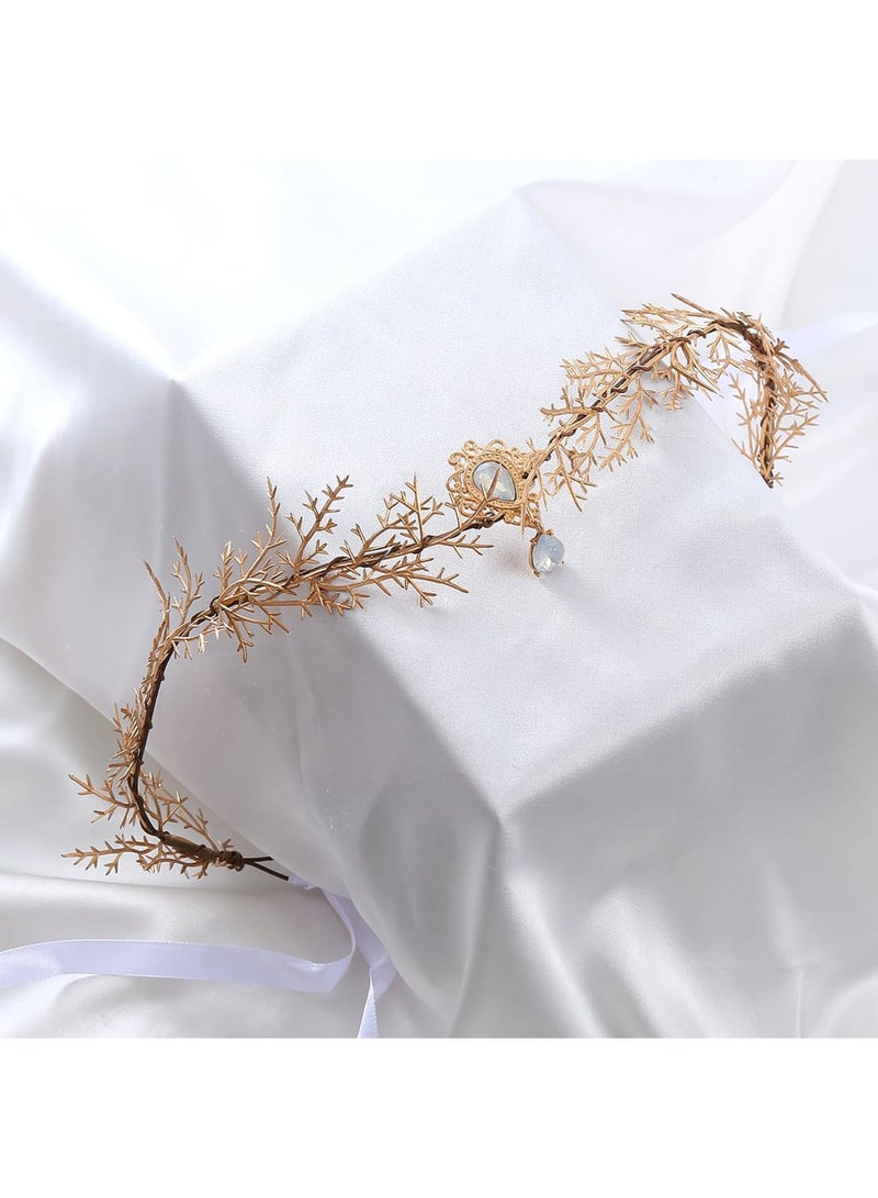 SYOSI Gold Elf Flower Crown - Handmade Fairy Floral Headband Woodland Elven Headpiece with Rhinestone Accessory for Women Girls Wedding Cosplay Prom Photoshoot - Image 5
