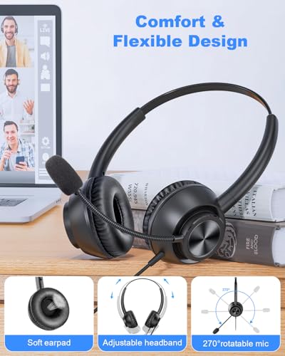 New Bee USB Headset with Microphone for PC, Computer Headset with Mic, Wired Headset with USB-A & Type-C, Mute, In-Line Controls Call Center Headphone for Work PC Laptop Office Phone Meeting Zoom Skype - Image 3