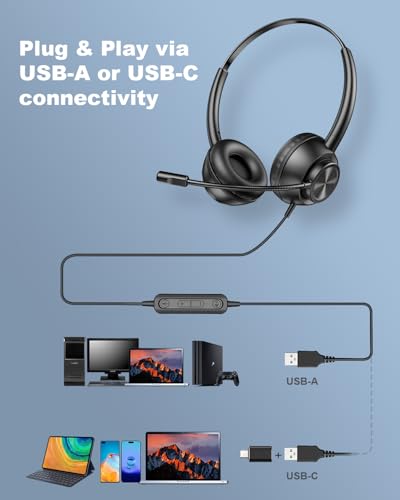 New Bee USB Headset with Microphone for PC, Computer Headset with Mic, Wired Headset with USB-A & Type-C, Mute, In-Line Controls Call Center Headphone for Work PC Laptop Office Phone Meeting Zoom Skype - Image 4