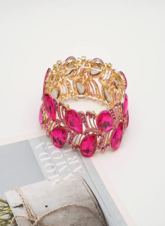 CSY Elegant Stretch Bangle Bracelets Bridal Art Deco Teardrop Crystal Elastic Wide Statement Bracelet for Women Party Prom (hot pink crystal-gold tone) - Image 4