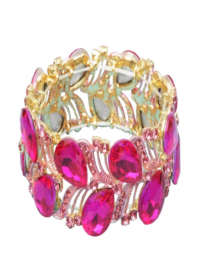 CSY Elegant Stretch Bangle Bracelets Bridal Art Deco Teardrop Crystal Elastic Wide Statement Bracelet for Women Party Prom (hot pink crystal-gold tone) - Image 1