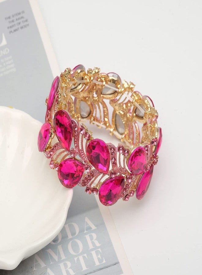 CSY Elegant Stretch Bangle Bracelets Bridal Art Deco Teardrop Crystal Elastic Wide Statement Bracelet for Women Party Prom (hot pink crystal-gold tone) - Image 3