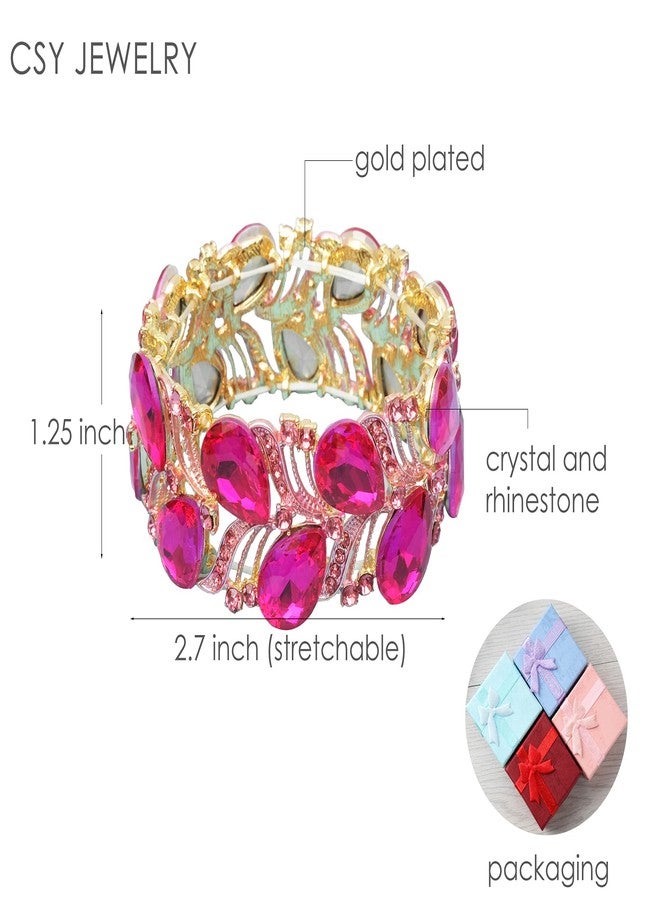 CSY Elegant Stretch Bangle Bracelets Bridal Art Deco Teardrop Crystal Elastic Wide Statement Bracelet for Women Party Prom (hot pink crystal-gold tone) - Image 2