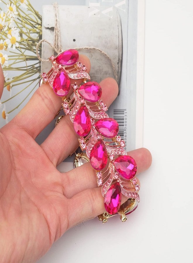 CSY Elegant Stretch Bangle Bracelets Bridal Art Deco Teardrop Crystal Elastic Wide Statement Bracelet for Women Party Prom (hot pink crystal-gold tone) - Image 5