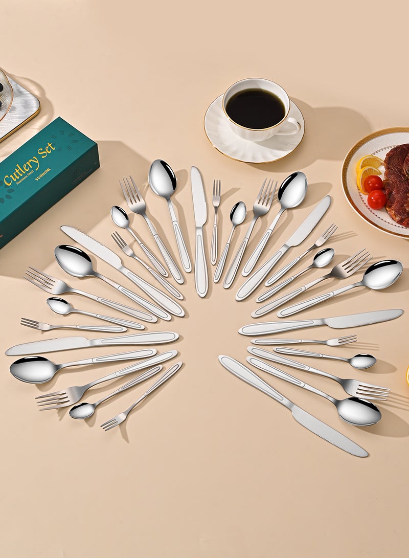 SUNHOME 30-Piece Stainless Steel Cutlery Set Kitchen Utensil Set Western Tableware Suitable For Home Kitchen Restaurant Hotel Party Dining Picnic Dining Exquisite Packaging Gift Silver - Image 4
