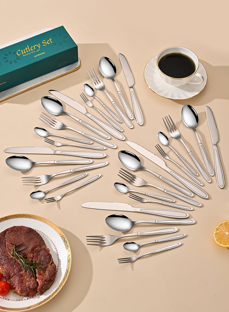SUNHOME 30-Piece Stainless Steel Cutlery Set Kitchen Utensil Set Western Tableware Suitable For Home Kitchen Restaurant Hotel Party Dining Picnic Dining Exquisite Packaging Gift Silver - Image 2