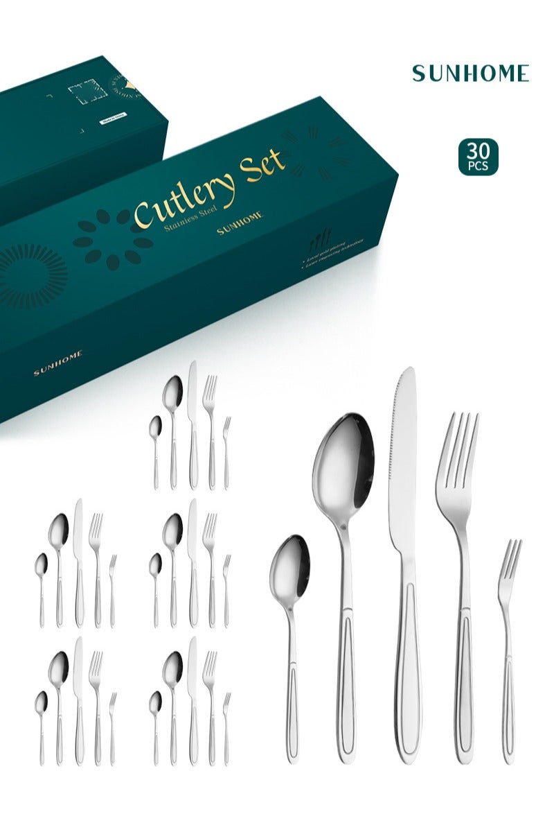 SUNHOME 30-Piece Stainless Steel Cutlery Set Kitchen Utensil Set Western Tableware Suitable For Home Kitchen Restaurant Hotel Party Dining Picnic Dining Exquisite Packaging Gift Silver - Image 1