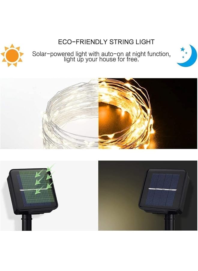 إيروريكس مجموعة من 2 مصباح سلكي يعمل بالطاقة الشمسية بطول 33 قدمًا و100 مصباح LED من الأسلاك النحاسية، مصابيح خرافية مقاومة للماء تعمل بالطاقة الشمسية في 8 أوضاع للحدائق المنزلية والباحات وحفلات الزفاف والحفلات باللون الأبيض الدافئ - Image 2