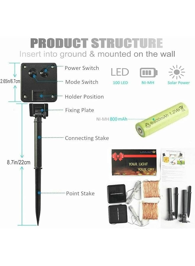 إيروريكس مجموعة من 2 مصباح سلكي يعمل بالطاقة الشمسية بطول 33 قدمًا و100 مصباح LED من الأسلاك النحاسية، مصابيح خرافية مقاومة للماء تعمل بالطاقة الشمسية في 8 أوضاع للحدائق المنزلية والباحات وحفلات الزفاف والحفلات باللون الأبيض الدافئ - Image 3
