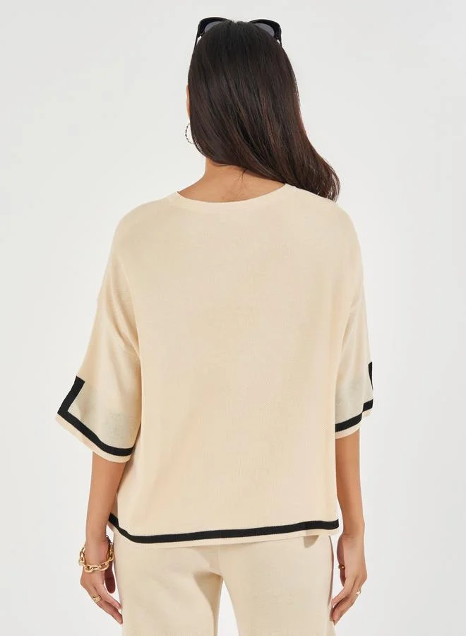 Styli Relaxed Fit Knit Top with Contrast Trim