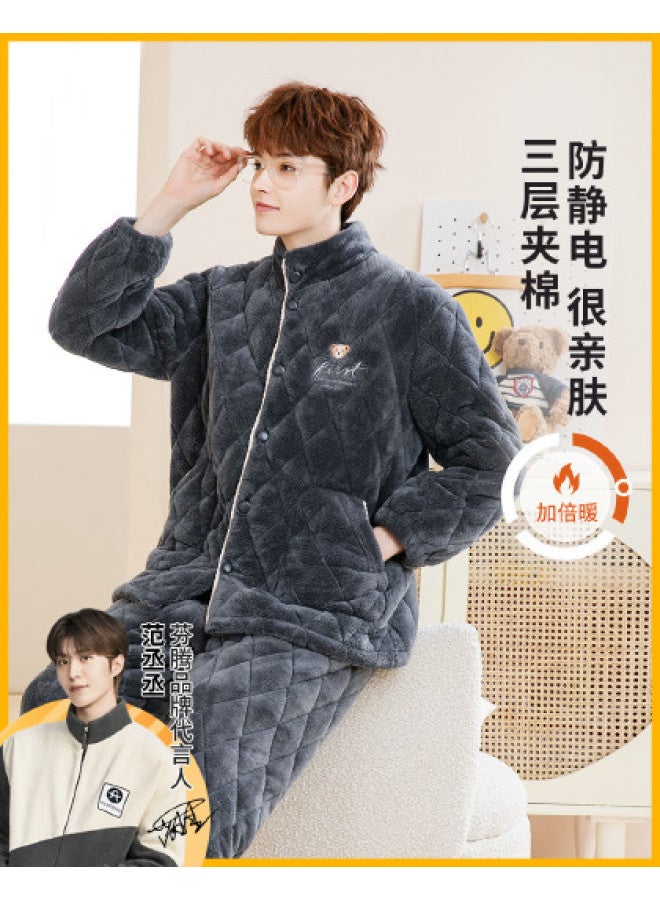 Fenton winter Stand Collar Anti-static Soft Men's Pajama Set Homewear - Image 1