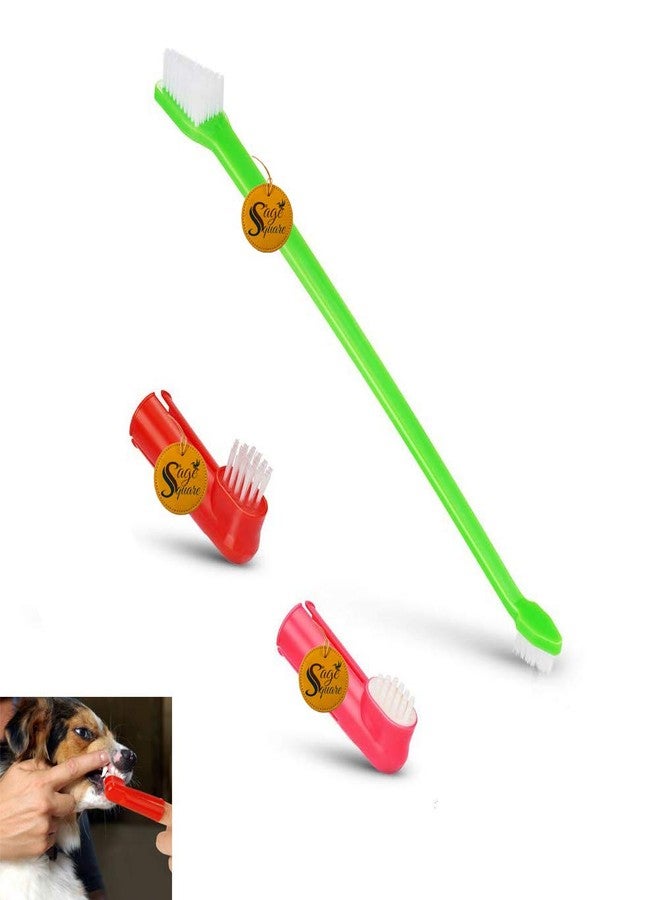 Sage Square Dog Brush for Teeth & Dogs Removes Food Debris Double Sided with Long Curved Handle Super Easy Cleaning Best Soft Silicone Pet Toothbrush for Cats and Dogs (Color May Vary) (Set of 3) - Image 1
