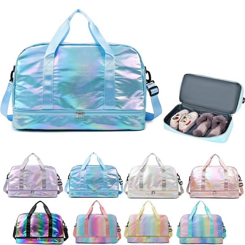 Aikelai Holographic Shimmering Gym Duffle Bag with Shoes Compartment Wet Pocket Women Weekend Overnight Travel Bag Gymnastic Dance Bag for Girl blue - Image 2