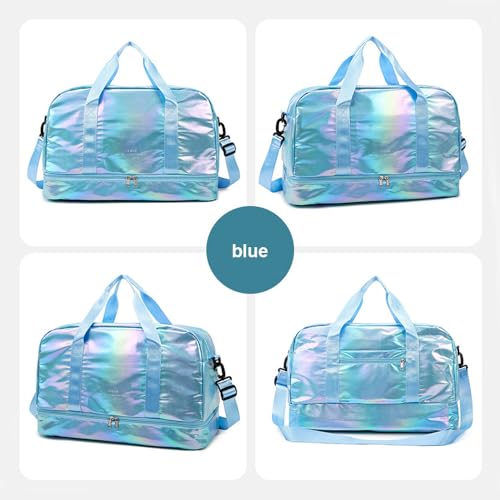 Aikelai Holographic Shimmering Gym Duffle Bag with Shoes Compartment Wet Pocket Women Weekend Overnight Travel Bag Gymnastic Dance Bag for Girl blue - Image 3