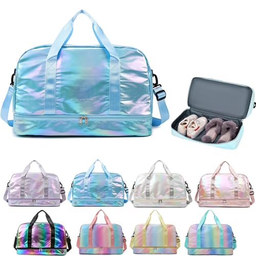 Aikelai Holographic Shimmering Gym Duffle Bag with Shoes Compartment Wet Pocket Women Weekend Overnight Travel Bag Gymnastic Dance Bag for Girl blue - Image 1