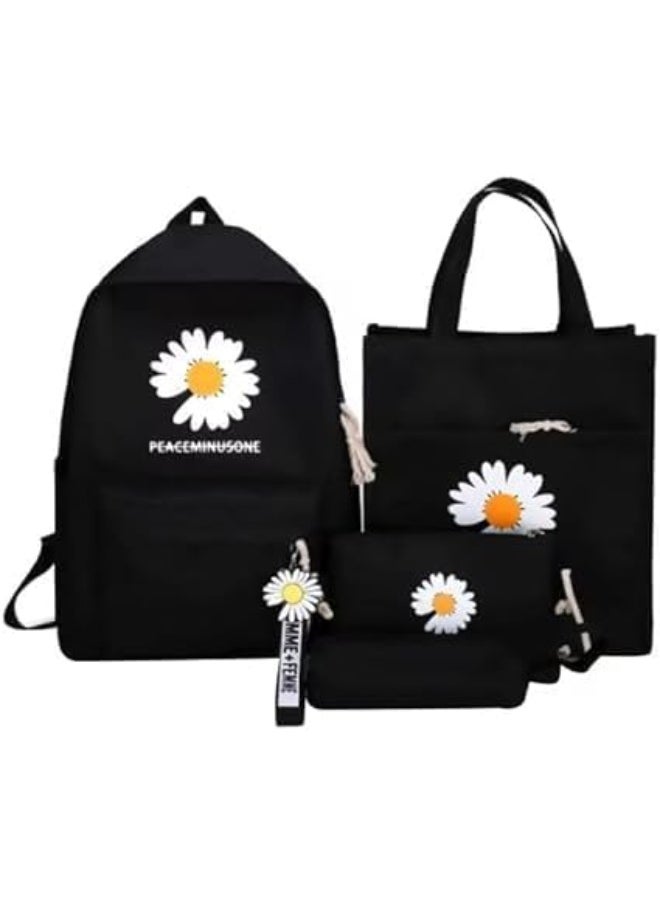 BLOOMING TIME Stylish Black Backpack Set with Floral Print - 4 Pieces for All Occasions  - Image 1