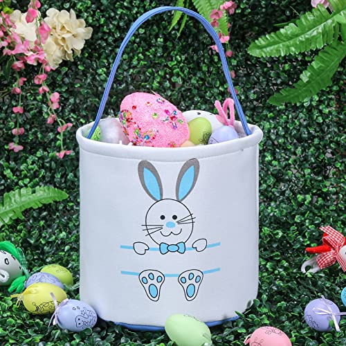 XinblueCo Easter Bunny Basket Egg Bags for Kids,Canvas Cotton Personalized Candy Egg Basket Rabbit Print Buckets with Fluffy Tail Gifts Bags for Easter…… - Image 2