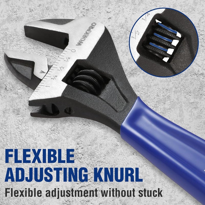 WORKPRO 5-piece Adjustable Wrench Set, 4-Inch & 6-Inch & 8-Inch & 10-Inch & 12-Inch Wrenches, Wide Jaw Black Oxide Wrench, Metric & SAE Scales, Cr-V Steel, for Home, Garage, Workshop - Image 4