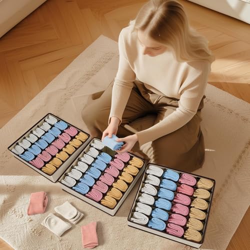 Easortm Sock Organizer 4 Pack, Large Sock Drawer Divider, Underwear Storage 24 Cell Closet Organizers and Storage for Wardrobes, Drawers. (Beige) - Image 3