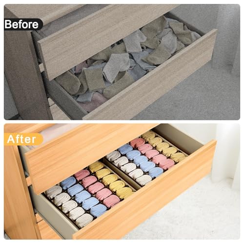 Easortm Sock Organizer 4 Pack, Large Sock Drawer Divider, Underwear Storage 24 Cell Closet Organizers and Storage for Wardrobes, Drawers. (Beige) - Image 5