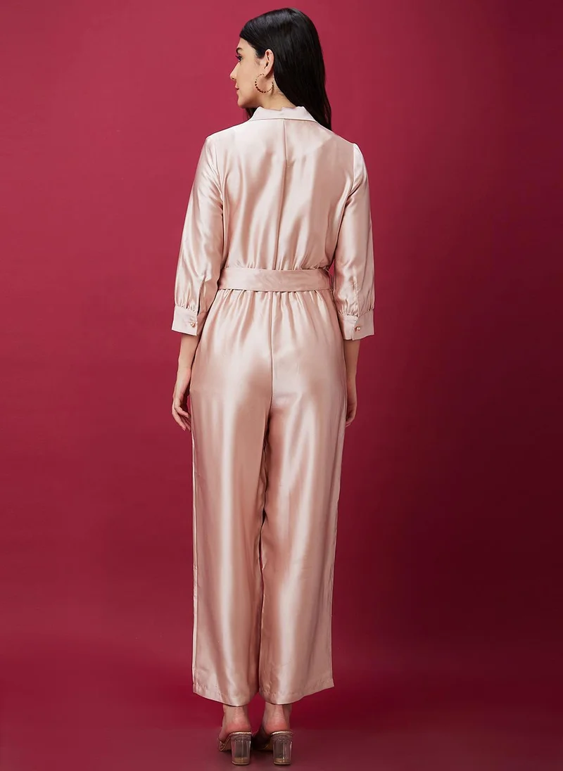 globus Globus Women Lapel Collar Waist Tie Ups Basic Jumpsuit