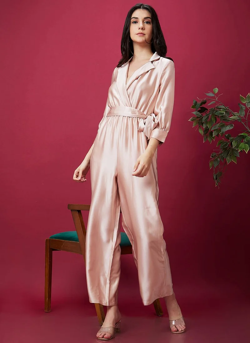 globus Globus Women Lapel Collar Waist Tie Ups Basic Jumpsuit