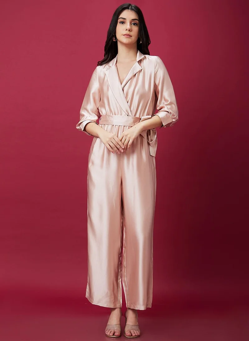 globus Globus Women Lapel Collar Waist Tie Ups Basic Jumpsuit