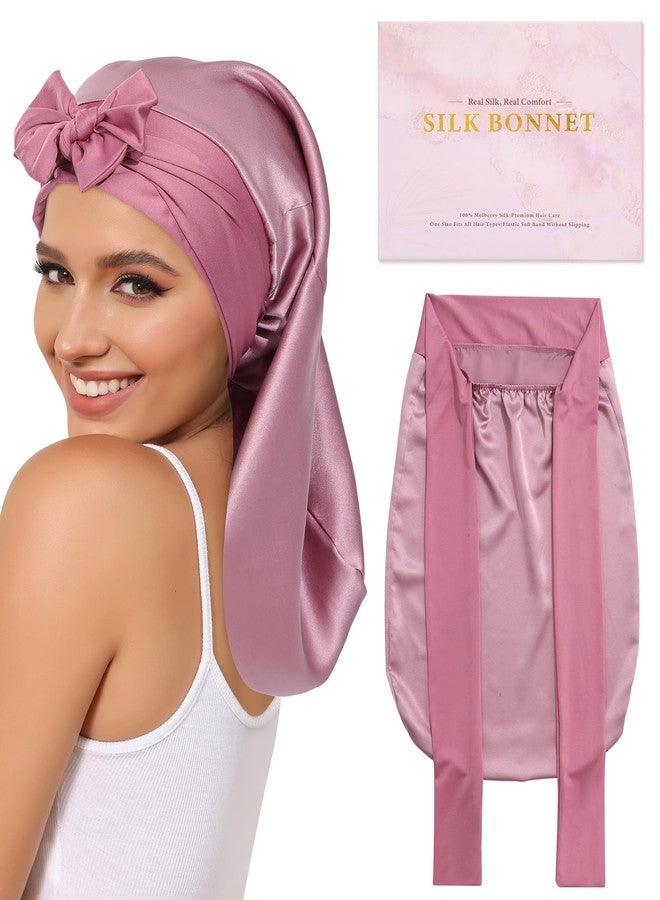 AWAYTR 100% Mulberry Silk Bonnet - Long Hair Cap for Sleeping Tie Band Bonnet for Braids Curly Hair (Rose Gold) - Image 1