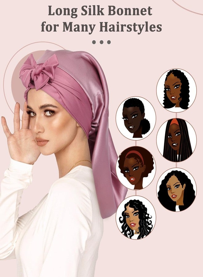AWAYTR 100% Mulberry Silk Bonnet - Long Hair Cap for Sleeping Tie Band Bonnet for Braids Curly Hair (Rose Gold) - Image 3