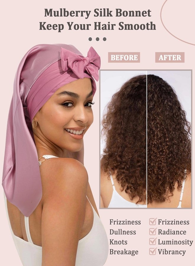 AWAYTR 100% Mulberry Silk Bonnet - Long Hair Cap for Sleeping Tie Band Bonnet for Braids Curly Hair (Rose Gold) - Image 2