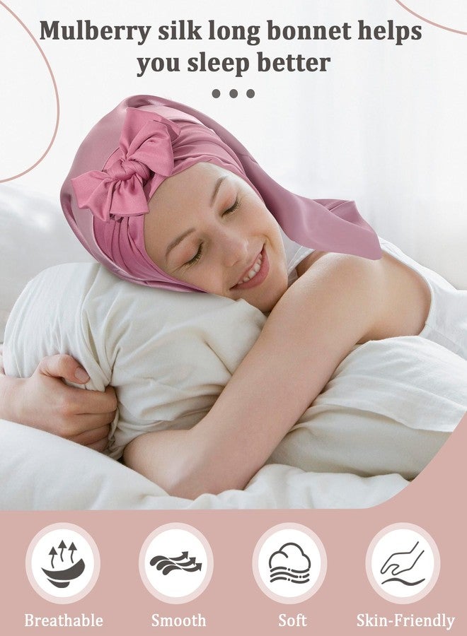 AWAYTR 100% Mulberry Silk Bonnet - Long Hair Cap for Sleeping Tie Band Bonnet for Braids Curly Hair (Rose Gold) - Image 5