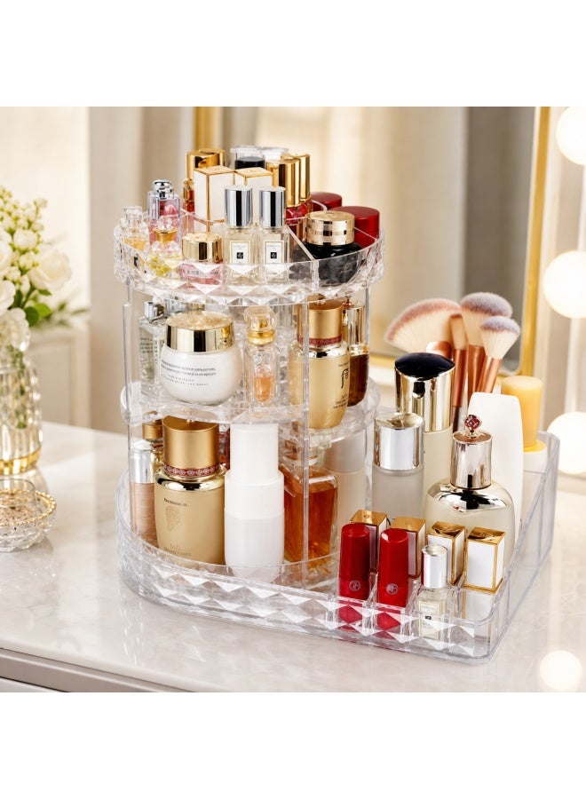 منظم مكياج ومستحضرات عناية كبير من الأكريليك الشفاف، دوار 360 درجة متعدد الطبقات مع أقسام للفرش وأحمر الشفاه - Image 2