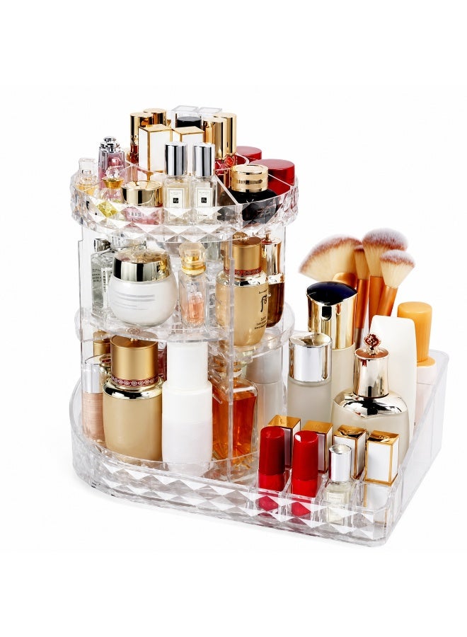 منظم مكياج ومستحضرات عناية كبير من الأكريليك الشفاف، دوار 360 درجة متعدد الطبقات مع أقسام للفرش وأحمر الشفاه - Image 1