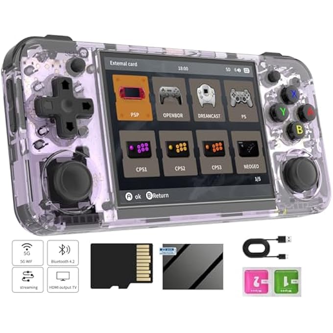 RG35XX H RETRO HANDHELD GAME CONSOLE, 3.5 INCH IPS SCREEN LINUX SYSTEM BUILT-IN 64G TF CARD 5528 GAMES SUPPORT TV OUTPUT (TRANSPARENT PURPLE) - Image 1