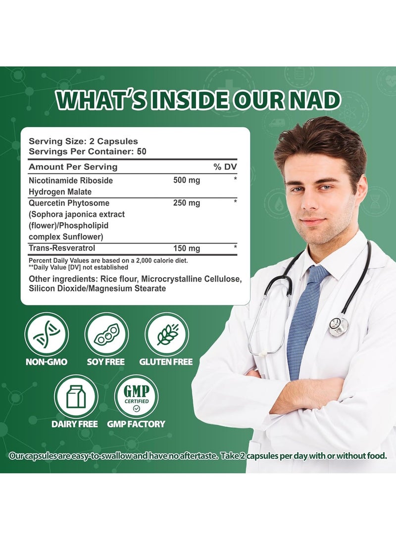 رئيسالرياح نيكوتيناميد ريبوسيد ريسفيراترول ن.د، ن.د الليبوسومية للنساء والرجال، بديل مكمل NMN، مكمل ن.د - 100 كبسولة - Image 2
