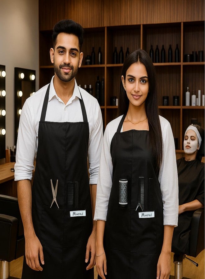 MAKSTILE مريلة ماكستيل الاحترافية المقاومة للماء والغبار، قابلة للتعديل، مناسبة لصالونات التجميل، ومصففي الشعر، وعمال قص الشعر، مزودة بجيوب للأدوات (أسود) عبوة من قطعة واحدة - Image 1