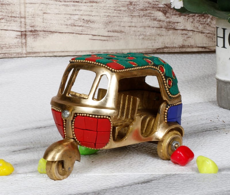 ARTVARKO Brass Auto Rickshaw Vintage Miniature Multicolor Gemstone Handwork Statue Home Decor Fantasy Showpiece Gift.12x7 X 7.5 cm - Image 1
