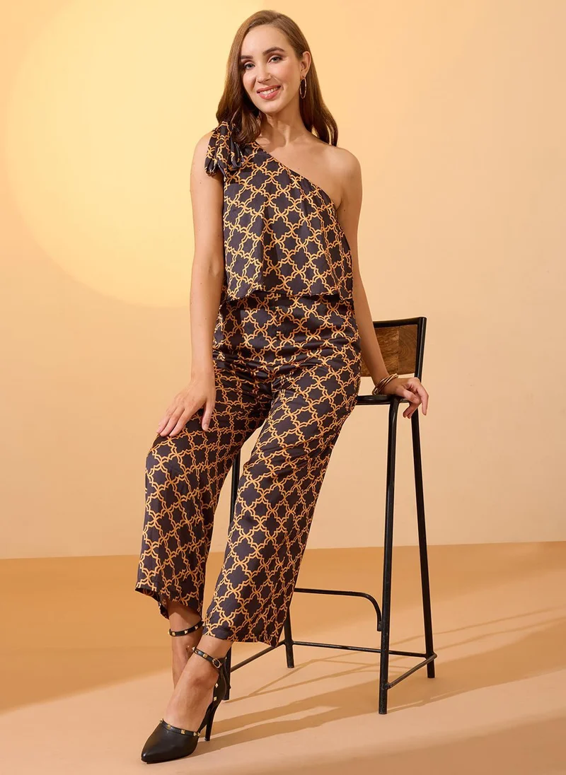 globus Globus Women Black Tie-Up One Shoulder Abstract Print Wide Leg Party Jumpsuit