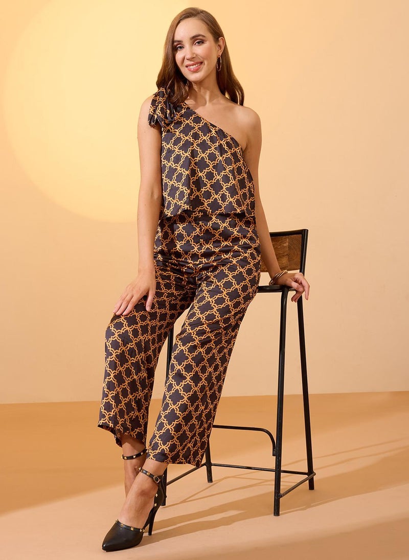 Globus Women's Black Party Jumpsuit with One-Shoulder Neck and Abstract Print - Image 1