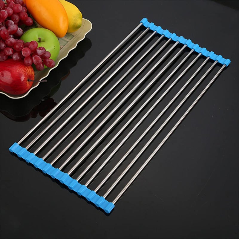 Mockery 185 x 9 Roll Up Dish Drying Rack Over The Sink Kitchen Foldable Sink Dry Rack Portable Dish Drainer Rack Blue 1PC - Image 1